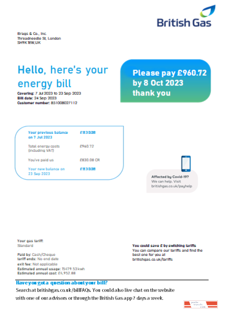 British Gas Energy utility business bill SCR page 1 PSD template